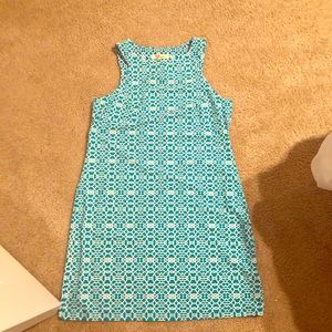 Teal and white dress.